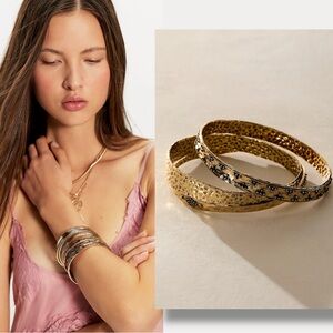 Free People Bohemian Hammered Organic Bangle Set of 3 in Gold NWT